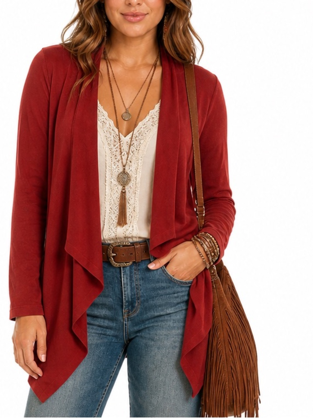 INC International Concepts Deep Red Draped Open-Front Cardigan